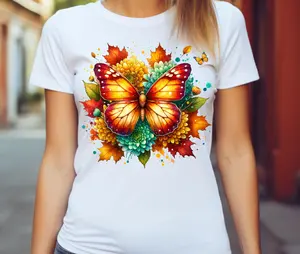 Fall Butterfly Shirt – Autumn Leaves & Chrysanthemum Flowers Tee with Colorful Monarch Design | Cozy Nature-Inspired Fall Outfit | Women's Fall T-Shirt