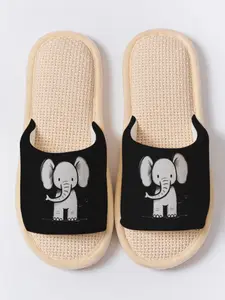 Cute Elephant Print Toe-Open Slippers, Soft Sole Home Floor Drag Non-Slip Breathable No Odor Feet, All Seasons Casual Textile Linen