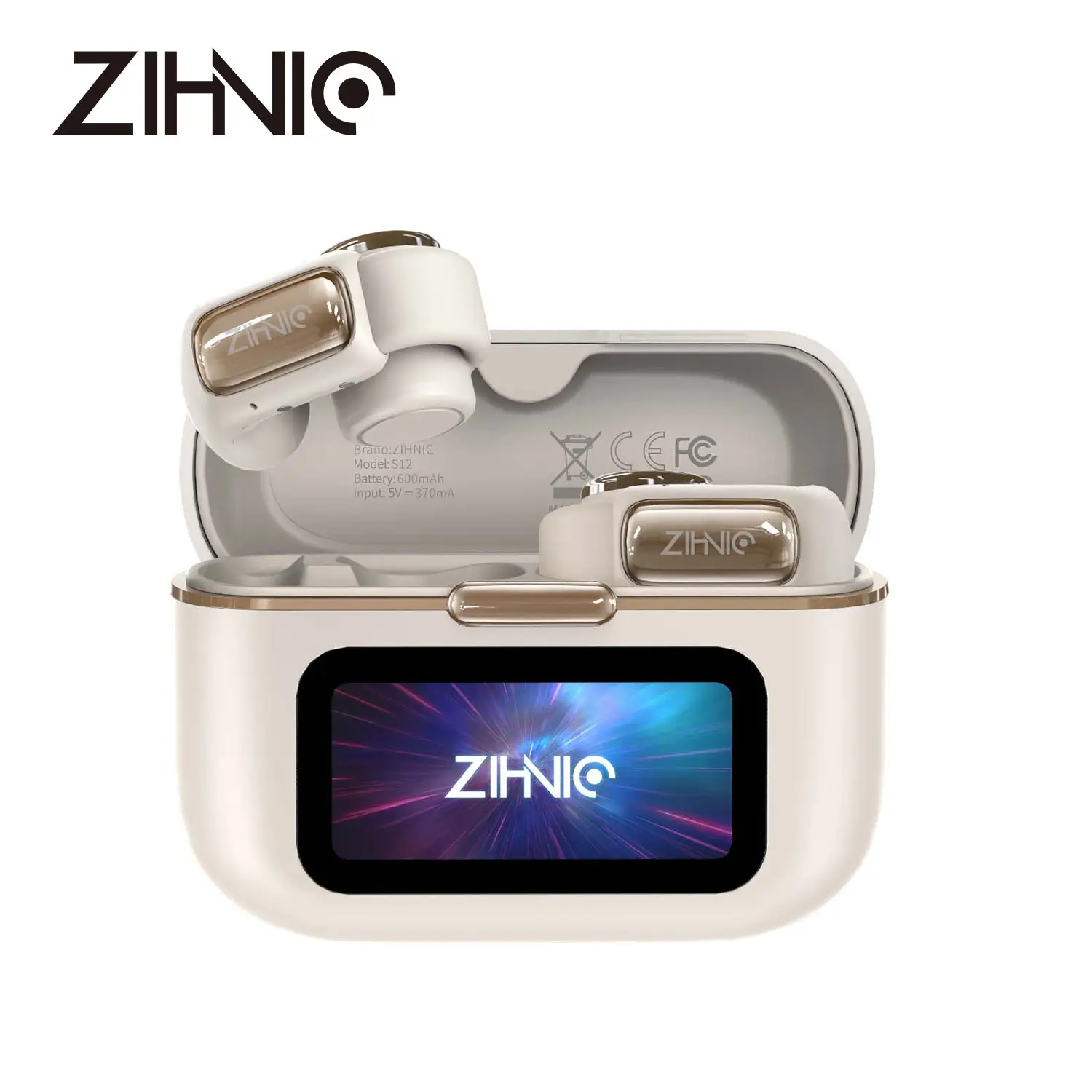 ZIHNIC S12 Open Earbuds, Wireless Headphones, LED Lights TouchscreenLight-Weight Earbuds Built-in Microphone, Power Digital Display,Stable Fit, Fast C