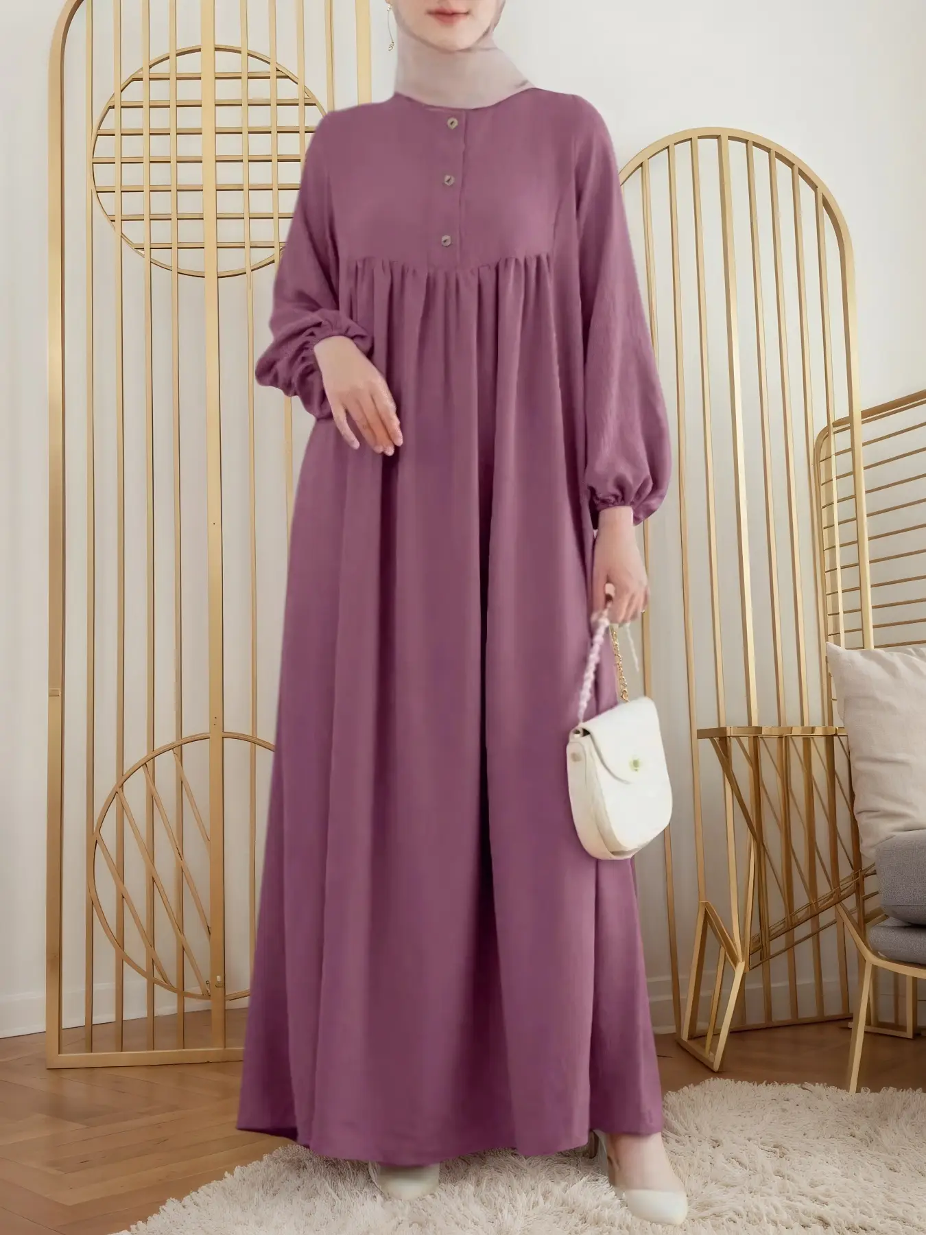 Elegant Women's Lantern Sleeve Dress, Natural Wood Color Button Casual Round Neck Long Dress, Loose Fit Woven Fabric All Seasons Wear