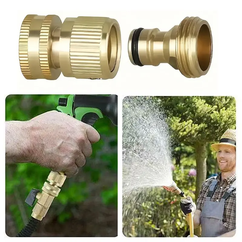 Garden hose quick connector, copper material, 3/4 inch thread design, garden hose connector adapter suitable for indoor/outdoor lawn, garden faucet, water pipe, or spray gun connection, Hose Connectors Quick Connect