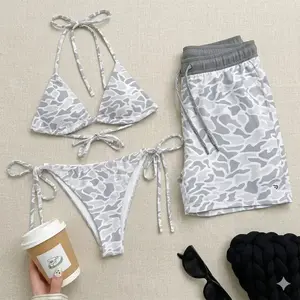 Grey Camo Matching Couple Swimwear – Sexy Triangle Tie Bikini & Men’s Drawstring Swim Shorts, His & Hers Summer Beach Vacation Swimsuit