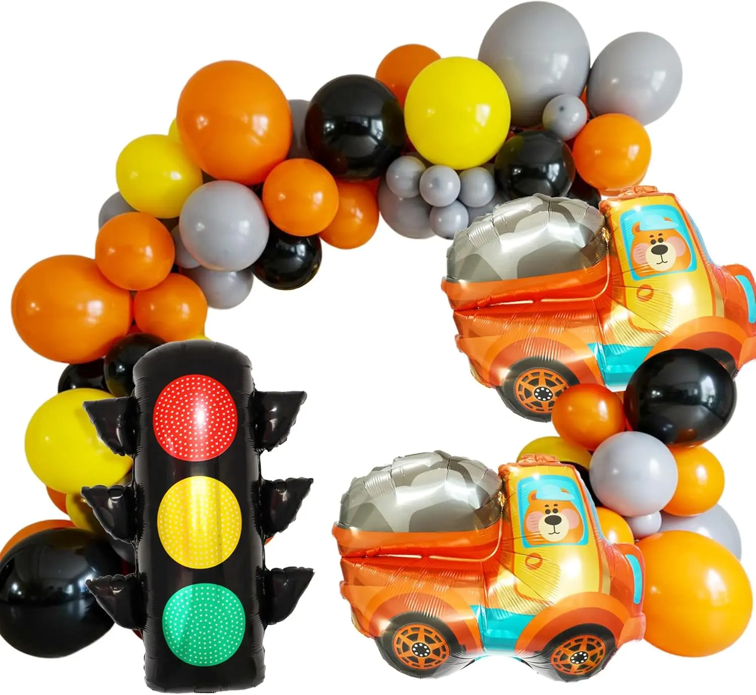 123-Count Construction Party Garland Arch Kit with Dump Truck, Traffic Light Foil Pieces, Tape, Backdrop - Orange Yellow Black Grey Latex Pack for Boys' Birthday Party Supplies Set