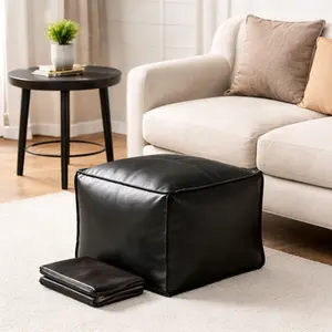 Multifunctional faux leather footstool with storage space, suitable for living room, bedroom, RV or dormitory, square footstool cover with storage function, frameless modular sofa