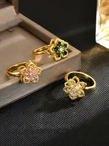 Women's Fashion Open Artificial Gemstone Ring with Copper Zirconia Flower Design, Rotatable Stress Relief Creative Luxury Jewelry for Women