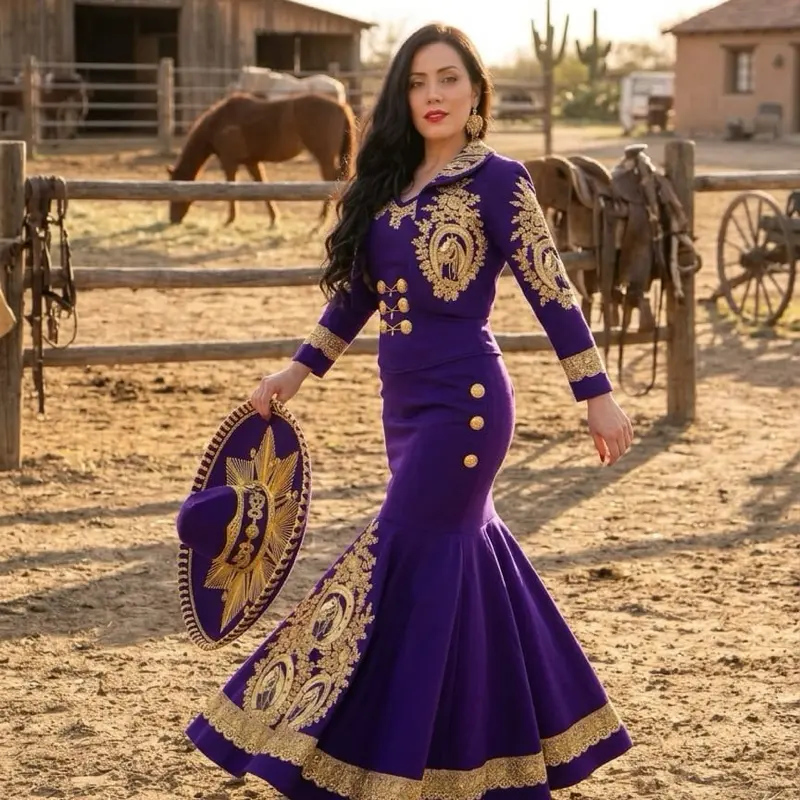 Purple Charro Dress for Women, Traditional Mexican Embroidered Formal Occasion Gown