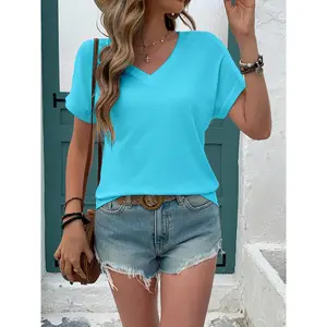 Women's Elegant V-Neck Short Sleeve T-Shirt - Soft Stretch Fabric, Machine Washable, Solid Color, Spring/Summer Casual & Formal Wear, Versatile Wardrobe Staple, Spring Fashion Top |   Sleek Fitted Tee |   Comfortable Fit, Ladies T Shirts