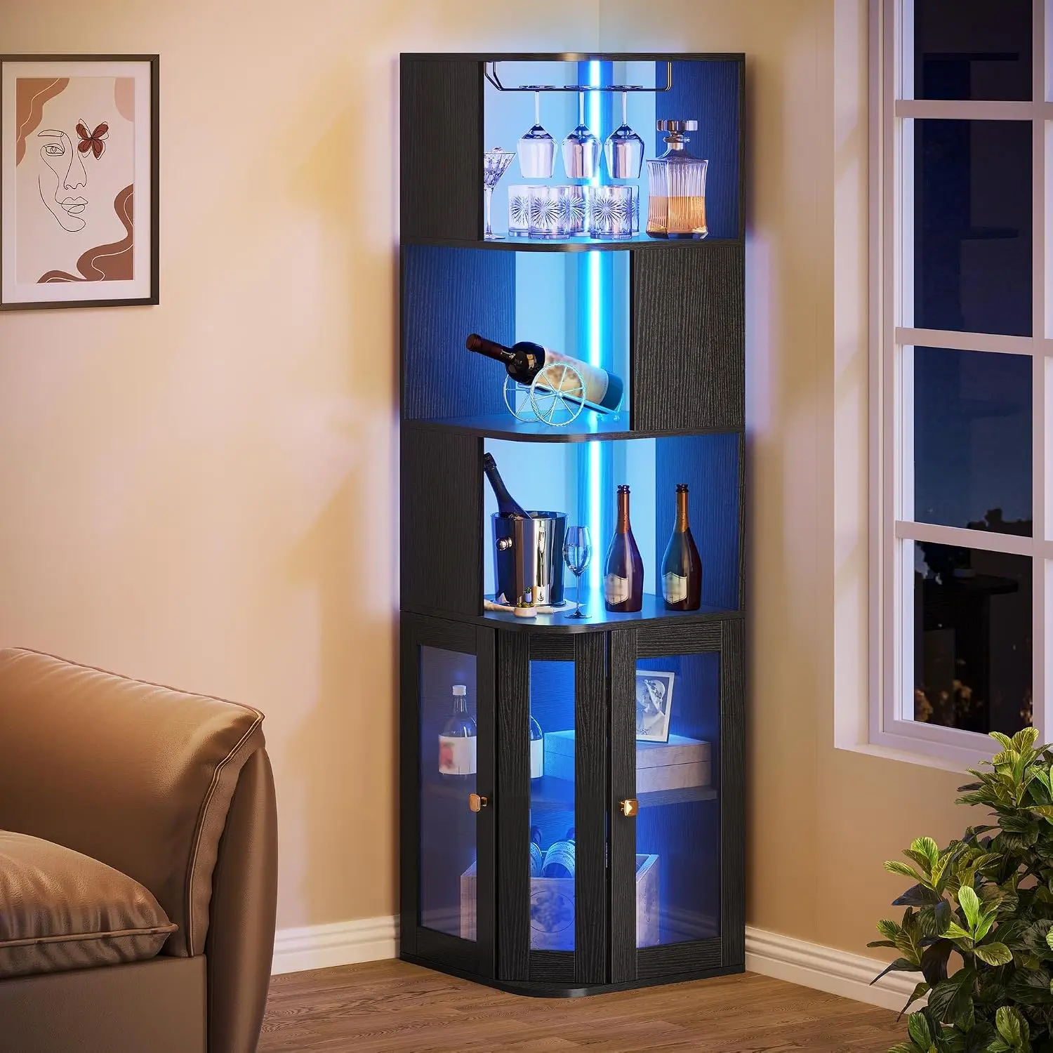 YITAHOME Corner Wine Cabinet with LED Lights & Glass Holder, Corner Bar Cabinet with Tempered Glass Door & Adjustable Shelves, Liquor Bar Rack Cabinet for Living Room, Dining Room