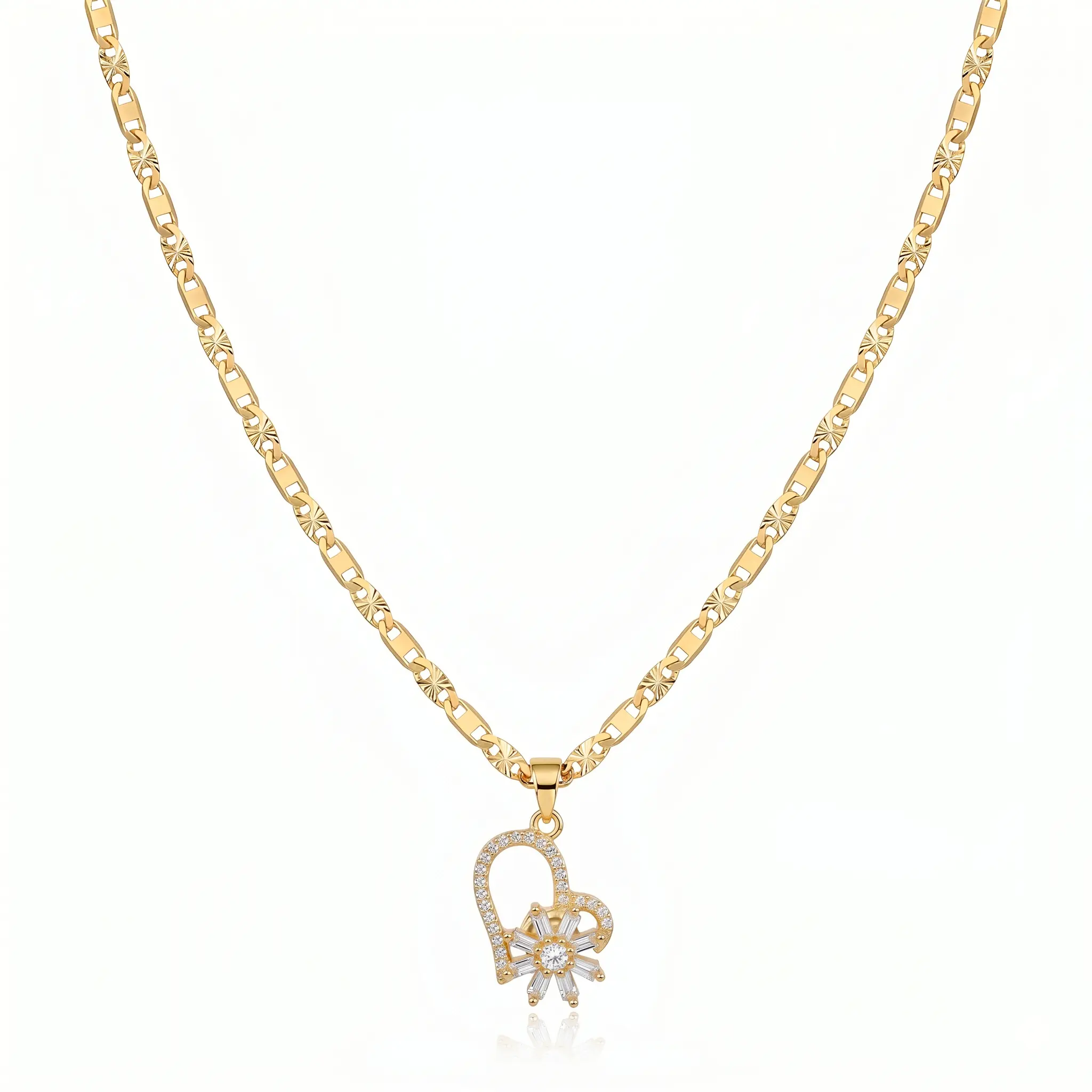 Women's 360° Rotatable Sunburst Heart Motif Necklace, 14 Karat Gold-Plated CZ Pendant, Gold Aesthetic Bedazzling Dainty Daily Jewelry Gift for Her