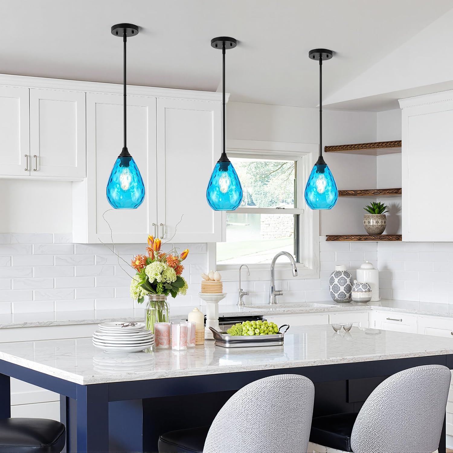 Glass Pendant Lights Kitchen Island, 1-Light Modern Black Fixtures with Blue Hammered Glass & Rods Small Hanging Light for Kitchen Sink Dining Room Bathroom