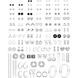 LOLIAS 90pairs Stud Earrings for Women, Multipack Cute Earrings for Sensitive Ears,  Flower Butterfly CZ Hoop Dangle Earrings Set,Silver & Gold Tone