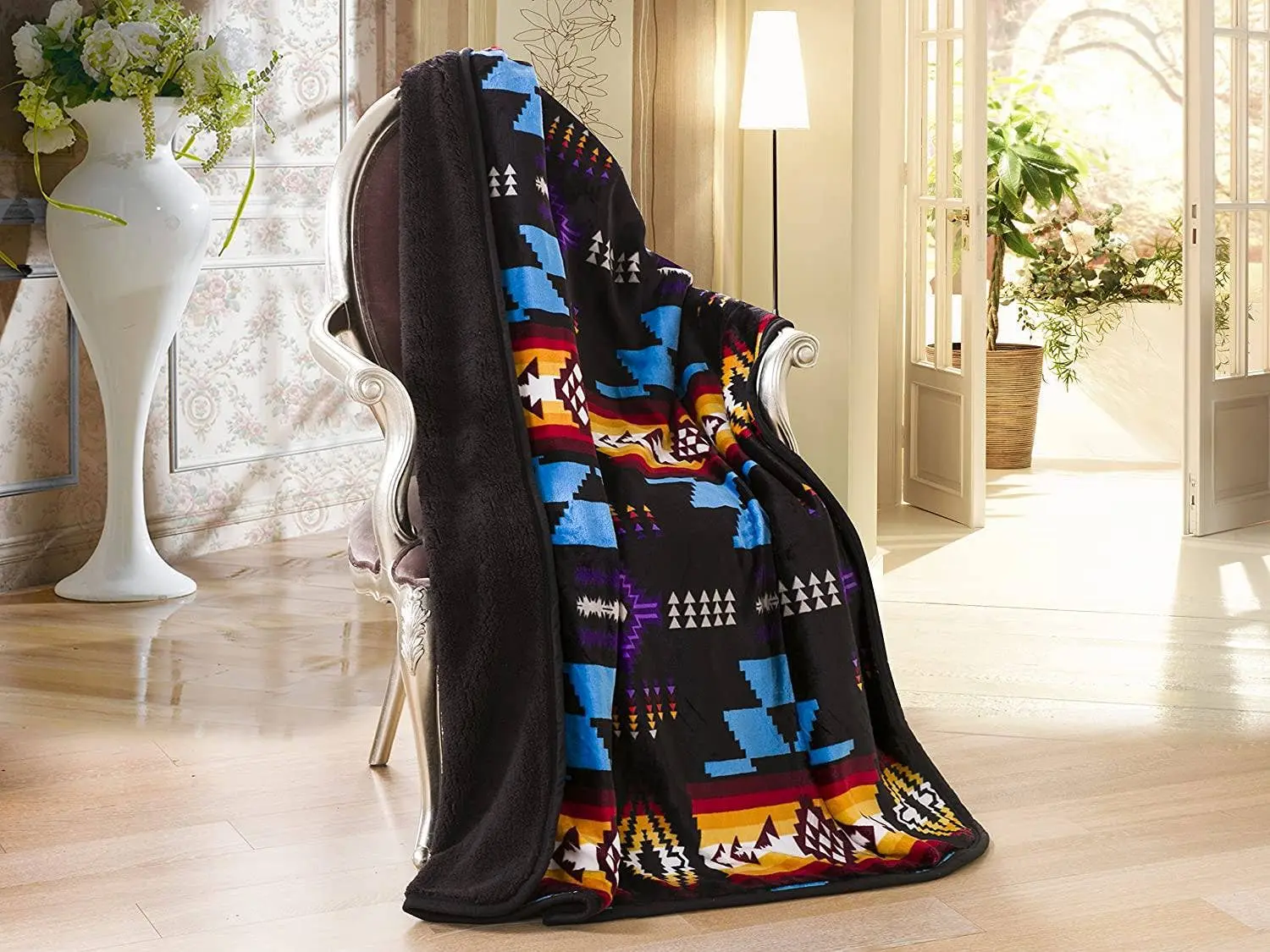 Linen Mart - Southwestern Aztec Sherpa Borrego Fleece Throw Blanket