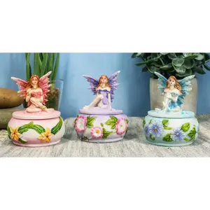 Ebros Gift Set of 3 Colorful Pastel Pink Blue Purple Flower Fairy Small Round Trinket Jewelry Box Figurines 3.25" High