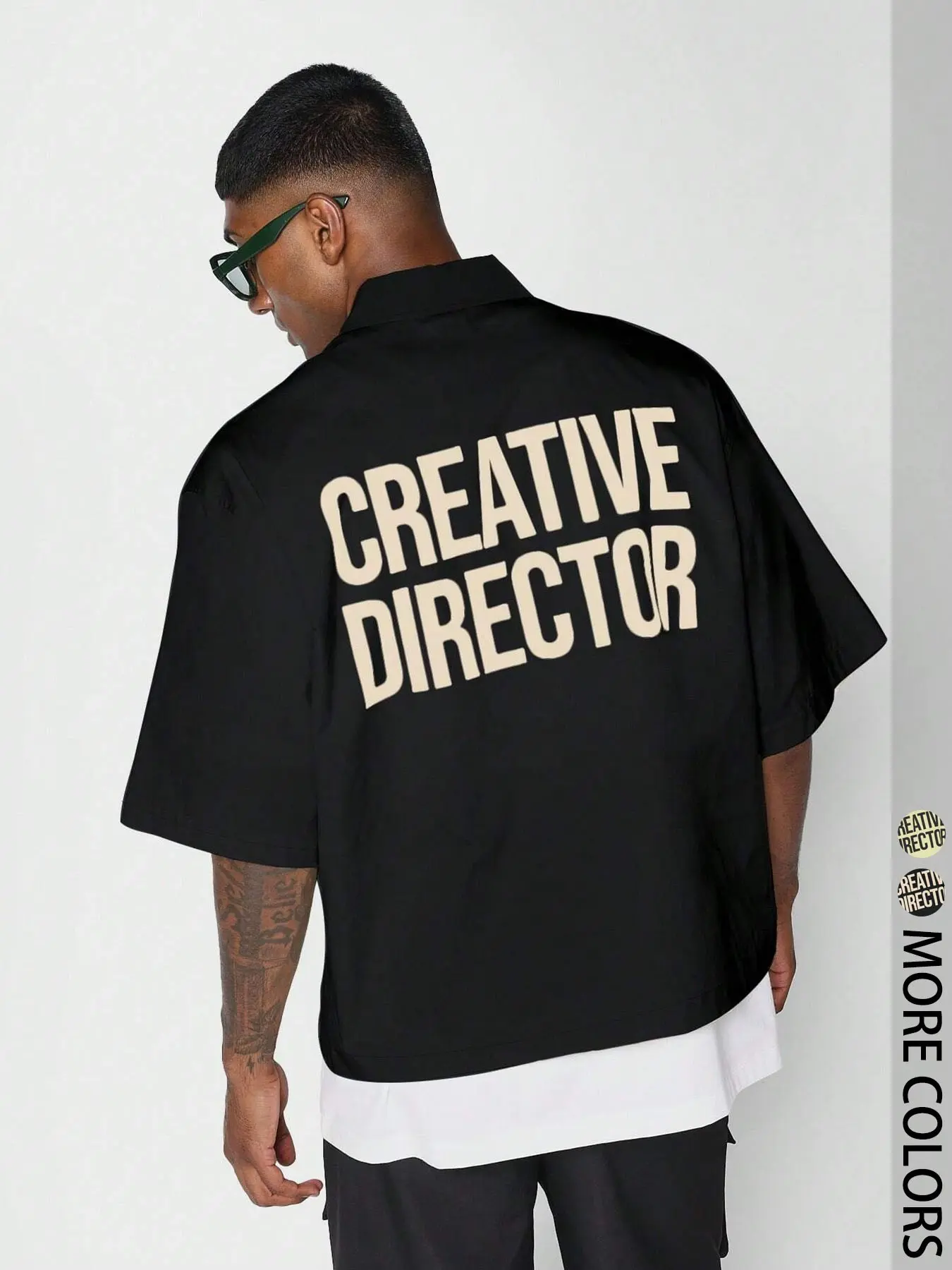 Men's Letter Print Creative Director Shirt, Loose Casual Short Sleeve Collar Shirt for All Seasons, Men's Top for Daily Wear, Bold Statement Shirt, Casual Graphic Shirt, Casual Collared Shirt, Casual Street Style, Menswear