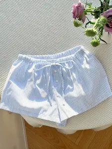 Women's Summer Casual Chic Striped Button Adjustable Drawstring Waist Fitted Mini Shorts Daily Cute