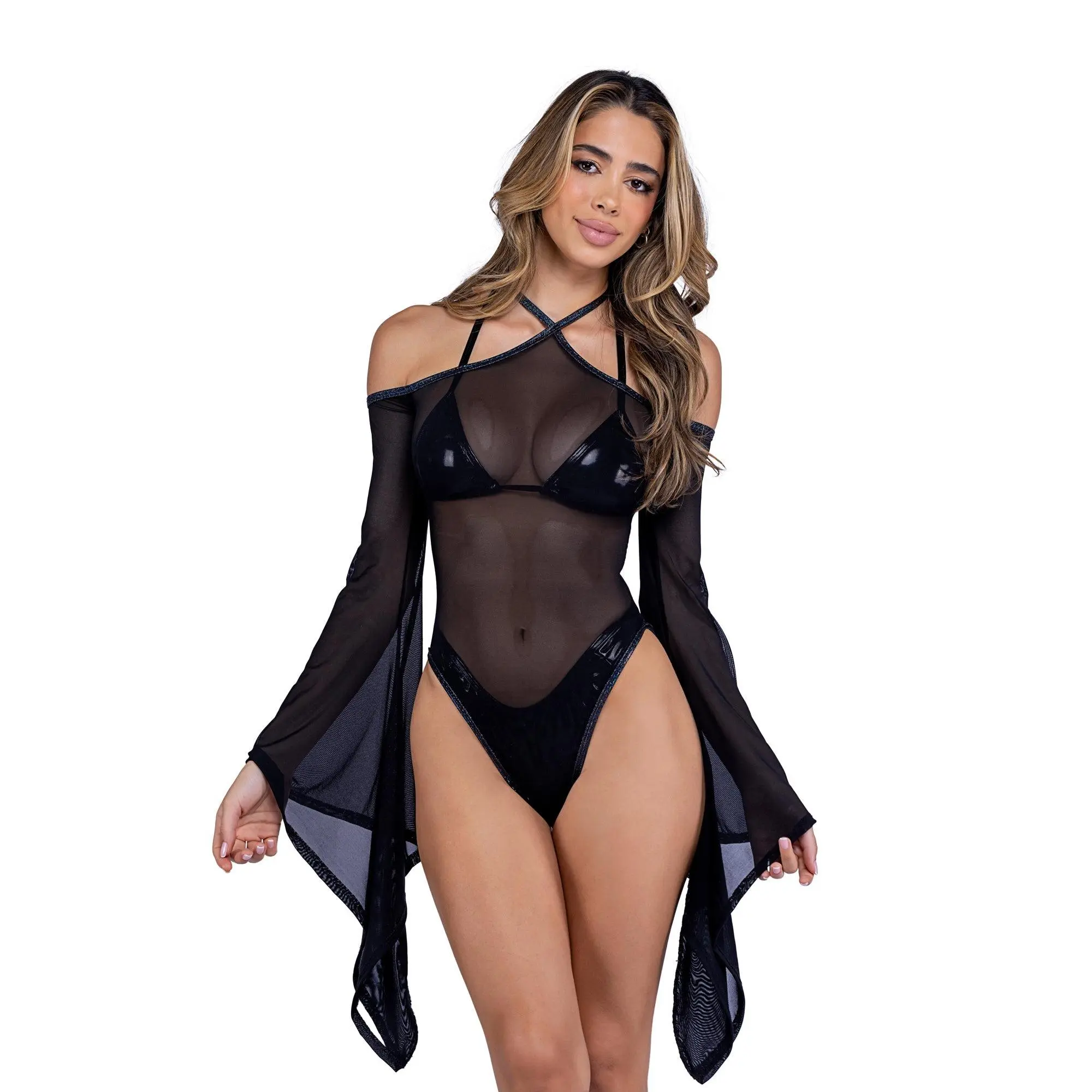 6497 - Sheer Mesh Romper with Bell Sleeves