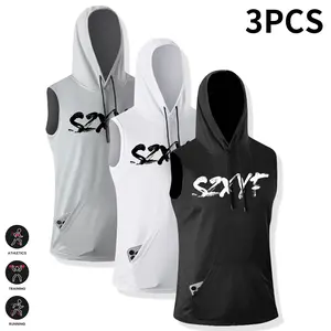 Men's 3-piece hooded sports shirt, solid color sleeveless vest with drawstring hood, casual lightweight men's workout top, cool, breathable, quick-dry suitable for gym workouts, running, cycling, fishing, and basketball games, as well as home wear