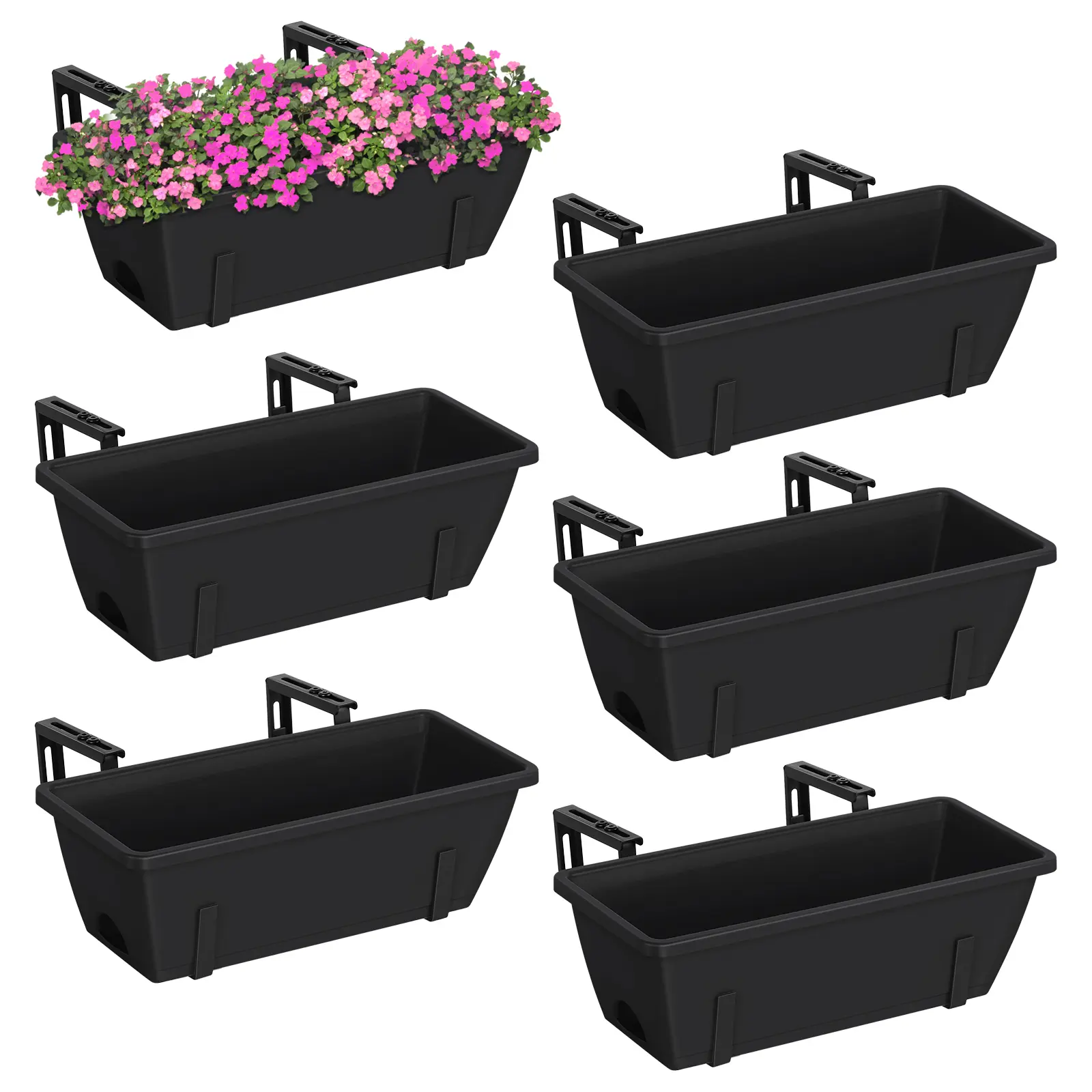 6pcs Black Rectangular Plastic Hanging Planter Boxes with Adjustable Hooks, Drainage Holes, Pot Trays - Outdoor Decor for Deck Railing Decor, Window Mount - Father's Day Gift