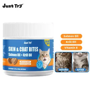 Just Try 300 Bites Skin & Coat Bites For Cats - With Salmon Oil & Krill Oil, Omega-3 for Shiny Fur - Chicken Flavor - Cat Supplements 6.35 oz