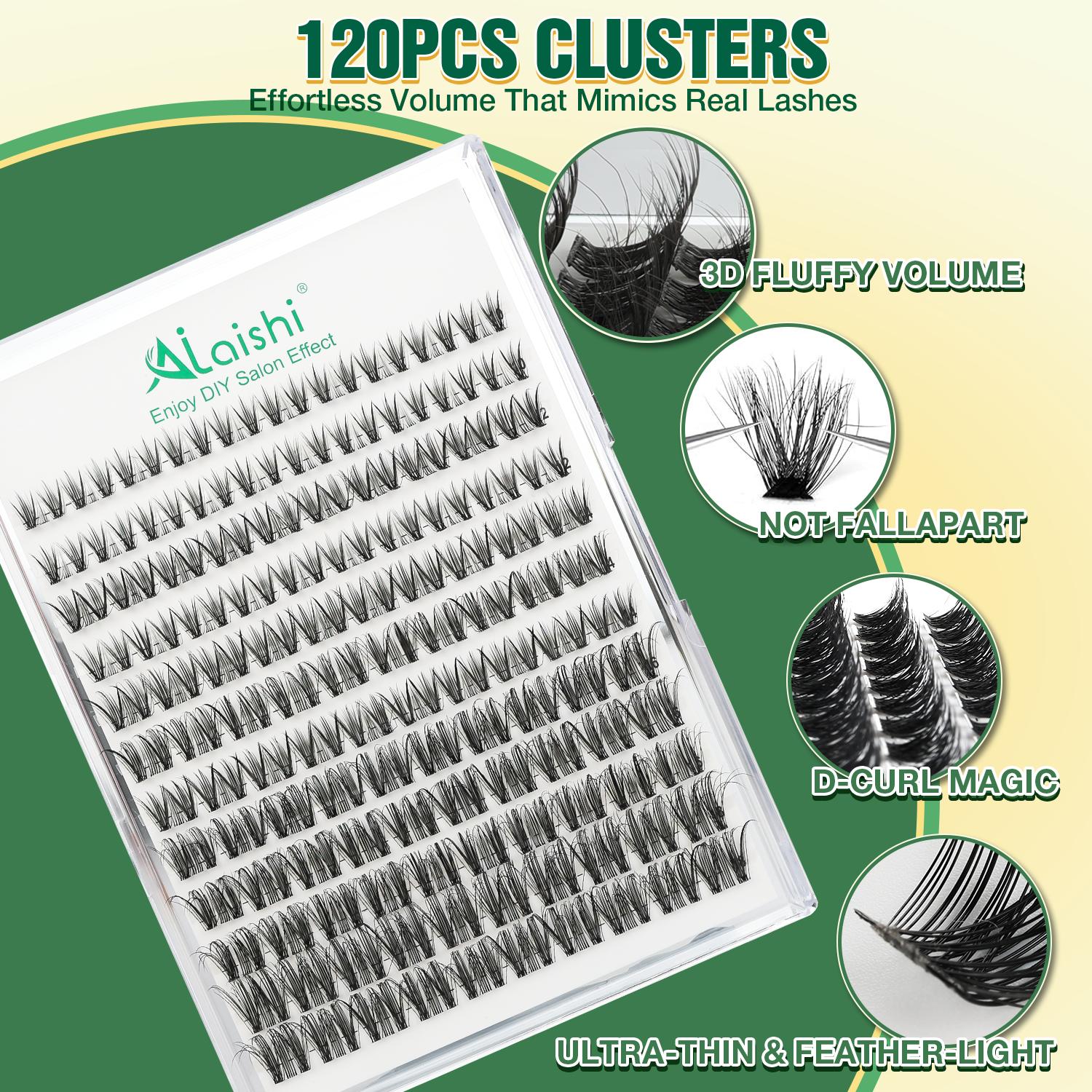 Ailaishi Cat Eye Lash Clusters Kit,  10‑18mm,120pcs D Curl Soft Natural Lashes with Bond and Seal, Remover, Tweezers, DIY 3D Cluster Eyelash Extensions, Natural Fake Wispy Individual Clusters