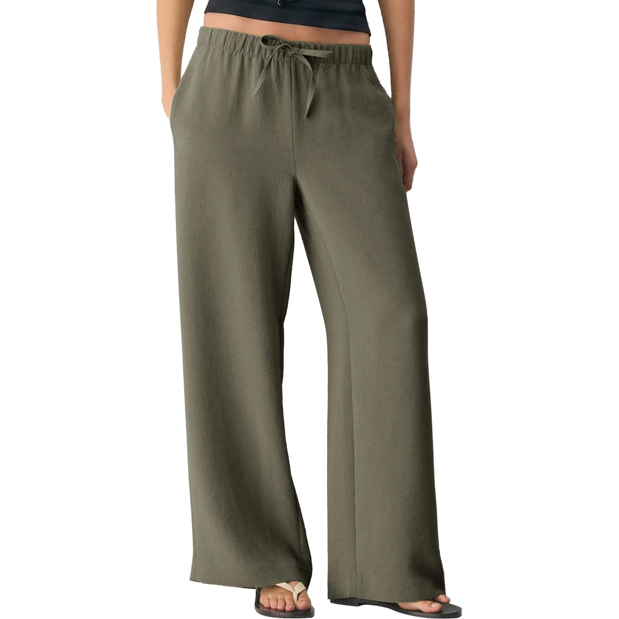 Songling Women's Wide-Leg Crepe Pants  High-Waisted Casual Wide-Leg Pants  No-Iron Drawstring Style  Business-Casual Pants