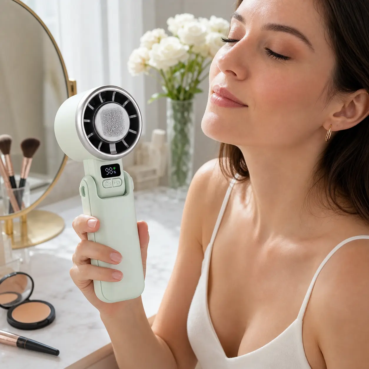 3-in-1 Portable Fan with Cooling Plate, Lightweight Foldable Design with 5 Adjustable Speeds, Digital Screen & 3600mAh Type-C Rechargeable Battery for Travel, Office & Hot Flashes