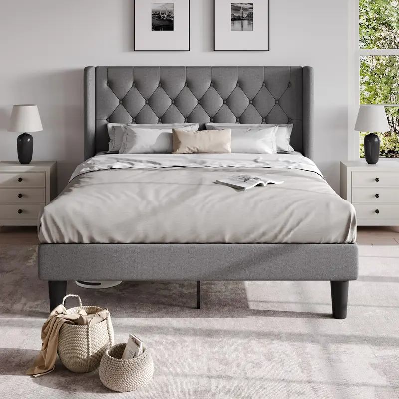 HOOMIC Classic Platform Bed Frame【Frame Only No Mattress】with Button Tufted Wingback Headboard,Upholstered Platform bed with Strong Wooden Slats Support,No Box Spring Needed,Full/Queen/King Size