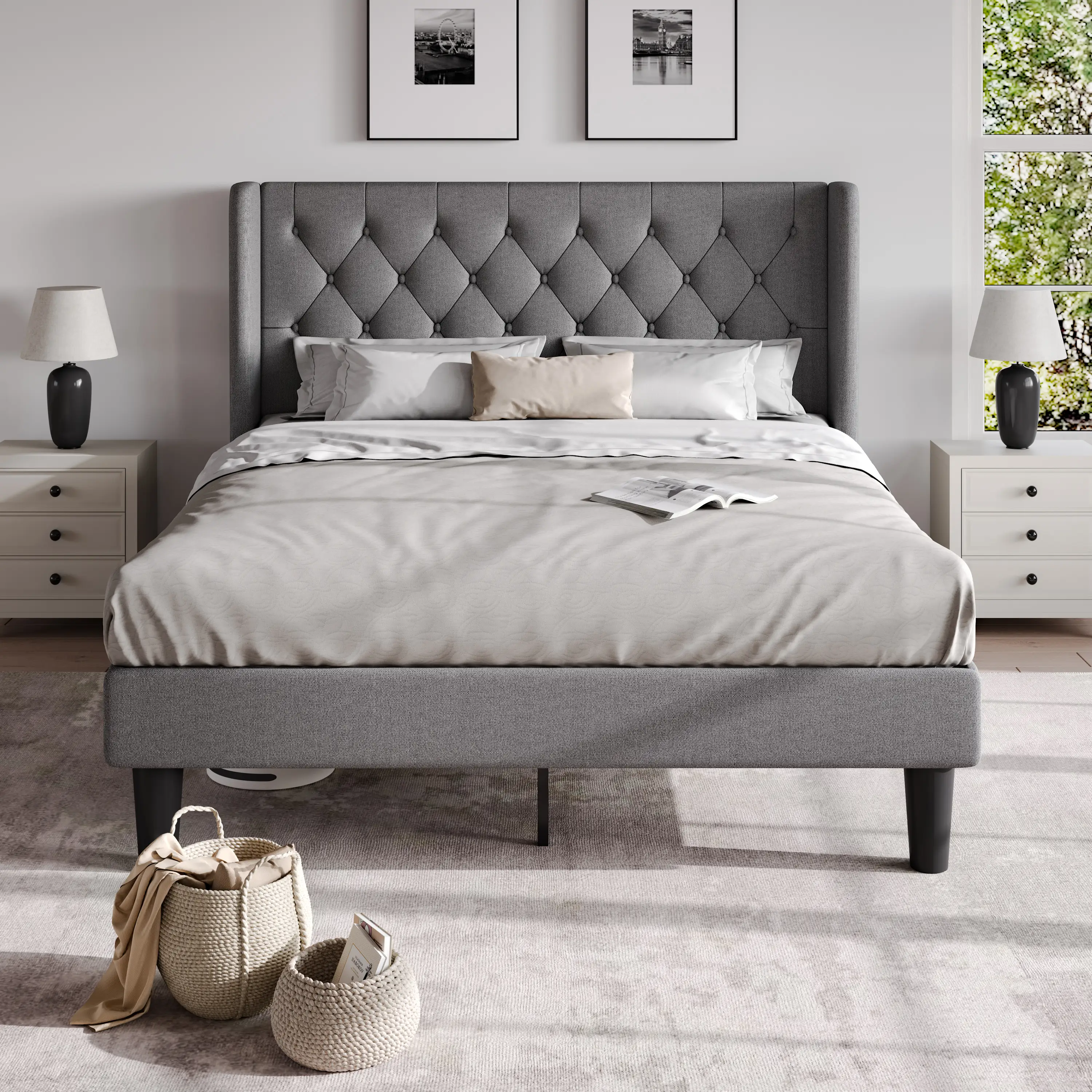 HOOMIC Classic Full/Queen/King Size Bed Frame with Button Tufted Wingback Headboard, 【Frame Only No Mattress】Upholstered Platform bed with Strong Wood