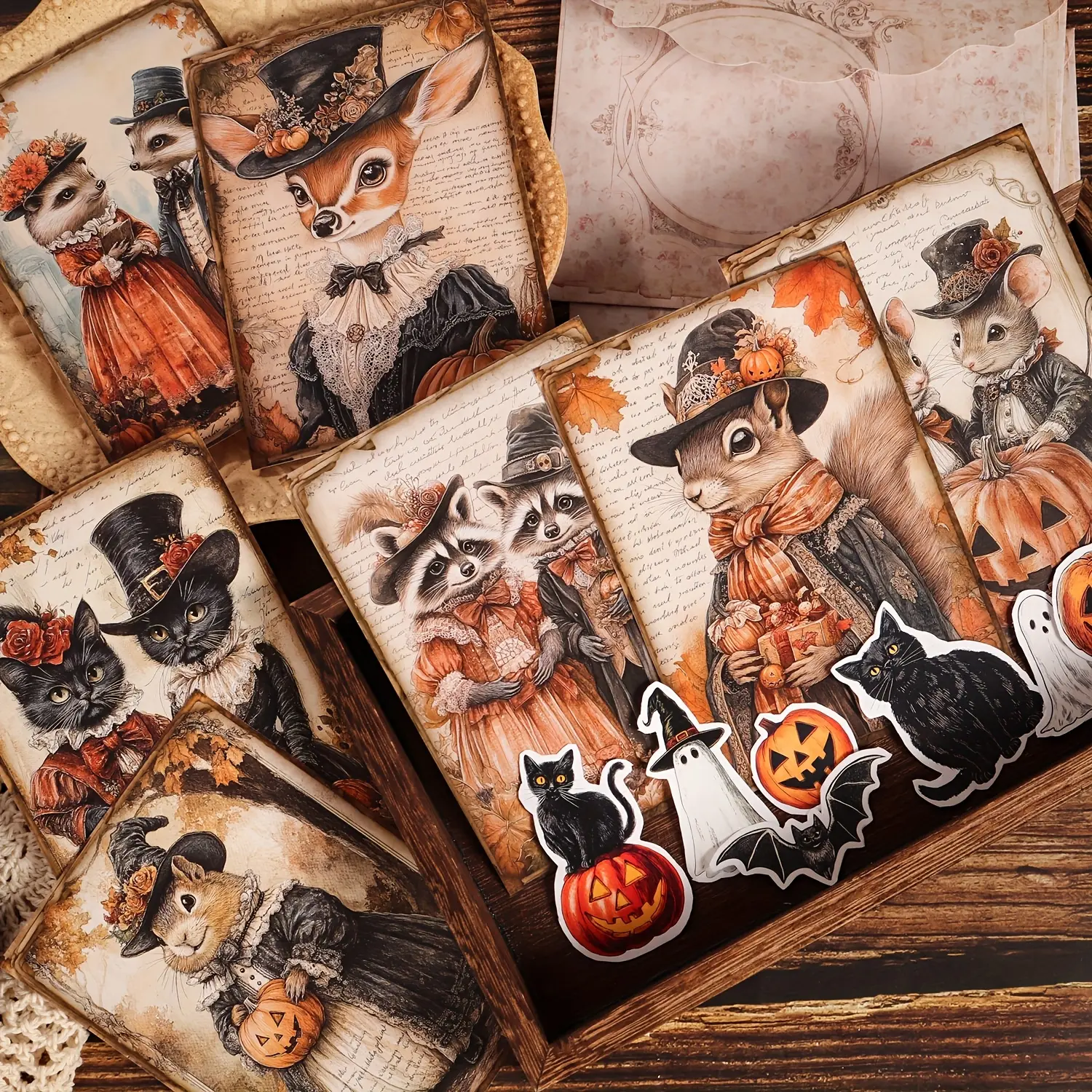 JAIIMAN 12cards,4envelopes,28stickers Autumn Animal Halloween Thick Postcard Set, DIY Decoration Cardboard, for Scrapbooking Supplies, Junk Journal, Greeting Card, Halloween Decorations, Art Crafts