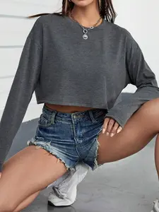 Women's Plain Drop Shoulder Crop Tee, Casual Long Sleeve Round Neck T-shirt for Daily Wear, Ladies Clothes for All Seasons, Womenswear