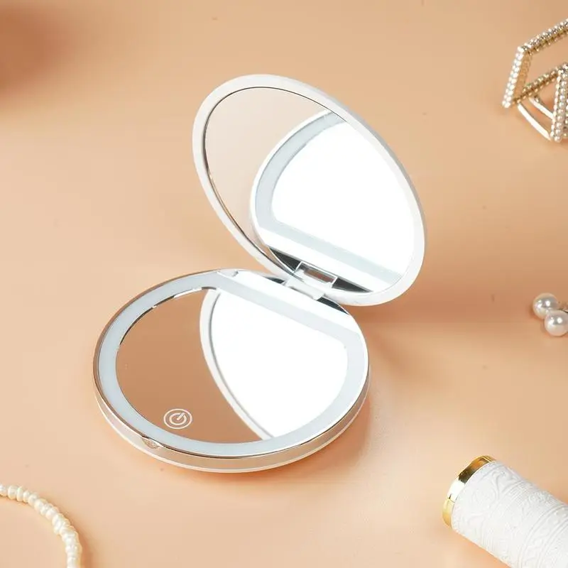 Compact Portable LED Makeup Mirror for Bathroom Use, Circular Folding Cover Design with 2X Magnification, 3-Level Dimming, High-Definition Surface, USB Charging & Makeup Prep Function (Bathroom Supply Gadget), Mirror Surface