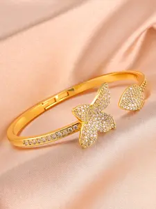 Elegant Copper Zirconia Open Bangle Bracelet, Floral Leaf Design, Elegant Style, Daily Wear, Perfect Gift for Her, Rhinestone Bracelet, Rhinestone Decorated Bracelet, Elegant Minimalist Bangle