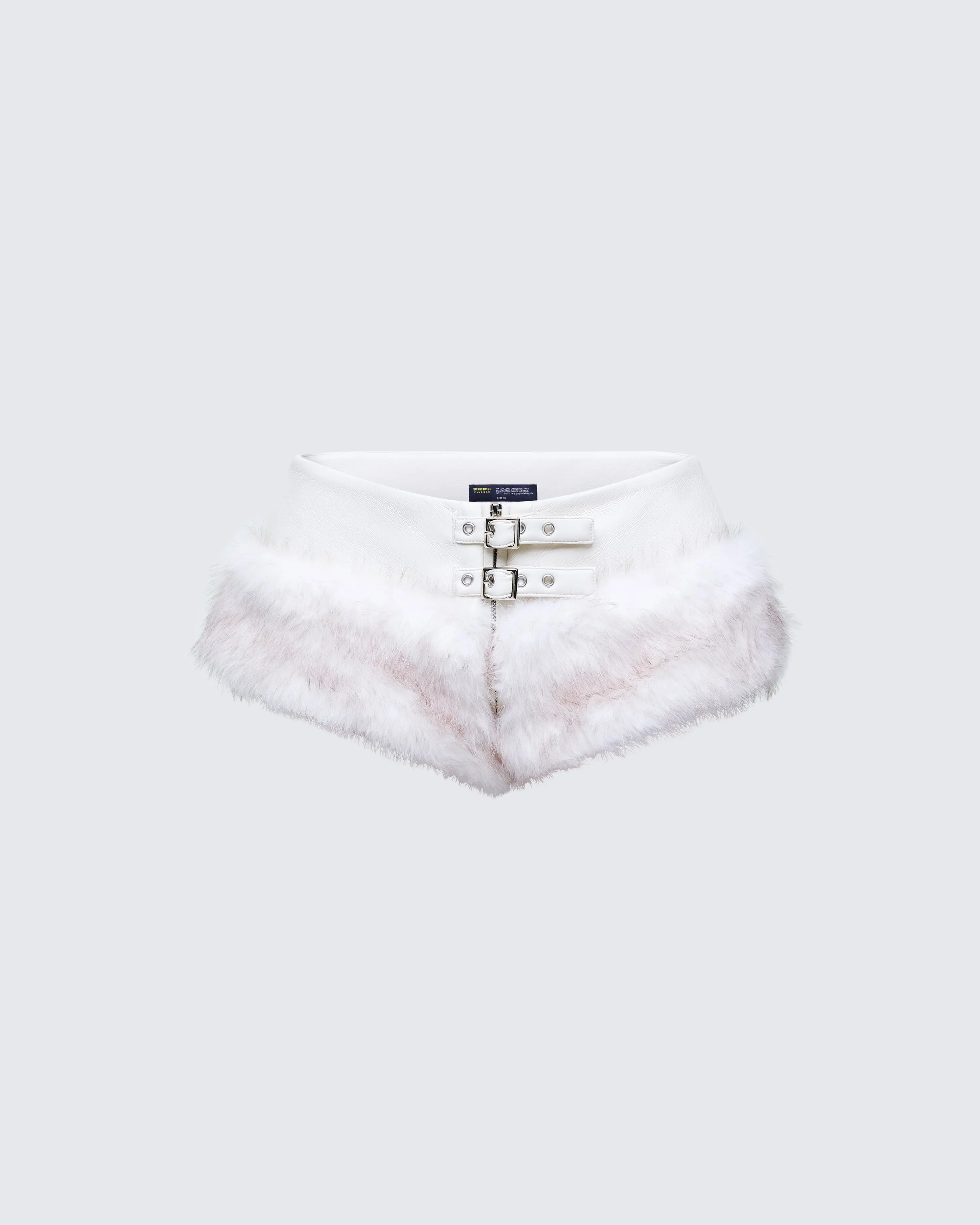 Plush White Faux Fur Micro Shorts for Women, Elegant Party Bottoms with a Center Front Silver Double Buckle Waistband, Piece, Lady
