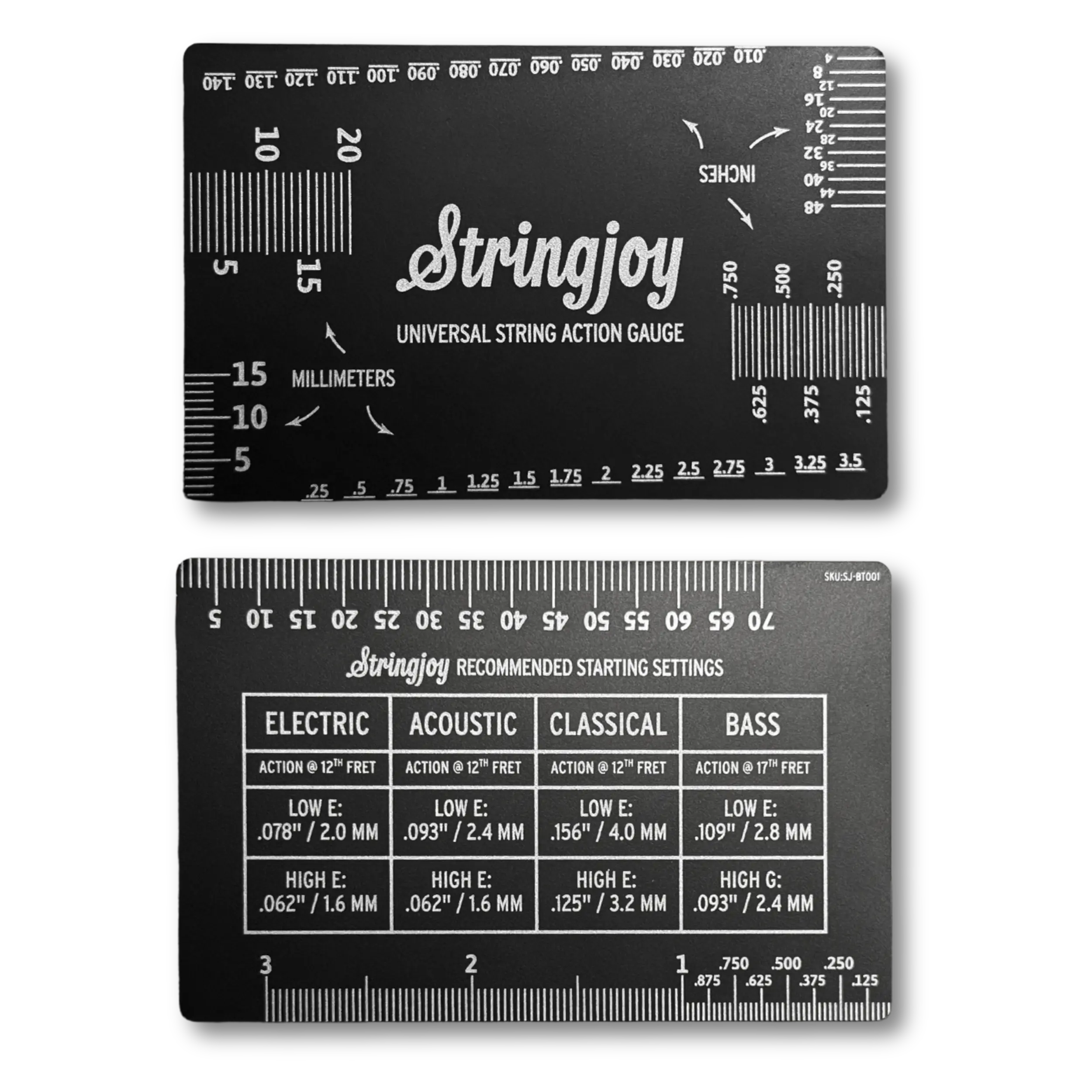 Stringjoy Universal String Action Gauge - Aluminum Acoustic String Instrument Setup Hand Measuring Tool with Black Finish, High Contrast, Precision-Etched Marks for Quick Check, Setup Check