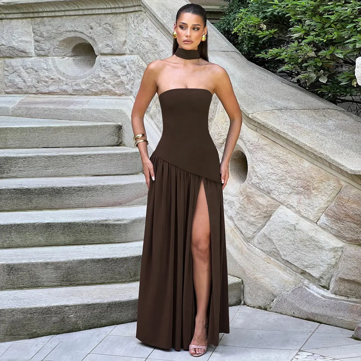 Women's Elegant Formal Dress - Elastane Solid Sleeveless A-Line Maxi-Length Gown with Pleated Sexy Slit, Neck Scarf for Evening Parties (A-Line Ease Design)