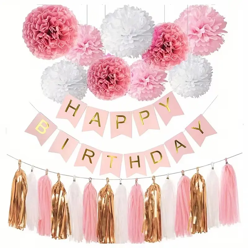Birthday Party Decoration Set, Includes Happy Birthday Banner, Paper Balls, Fringe Flower Garlands, Perfect for Party Decorations, Home Decor Ornaments, Party Decoration Supplies, Party Decor Design