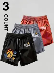 3-Pack Men's Smiley Graffiti Print Quick-Dry Shorts, Elastic Waist Drawstring Zipper Pockets, Lightweight Sporty Shorts for All Seasons, Elastic Waistband