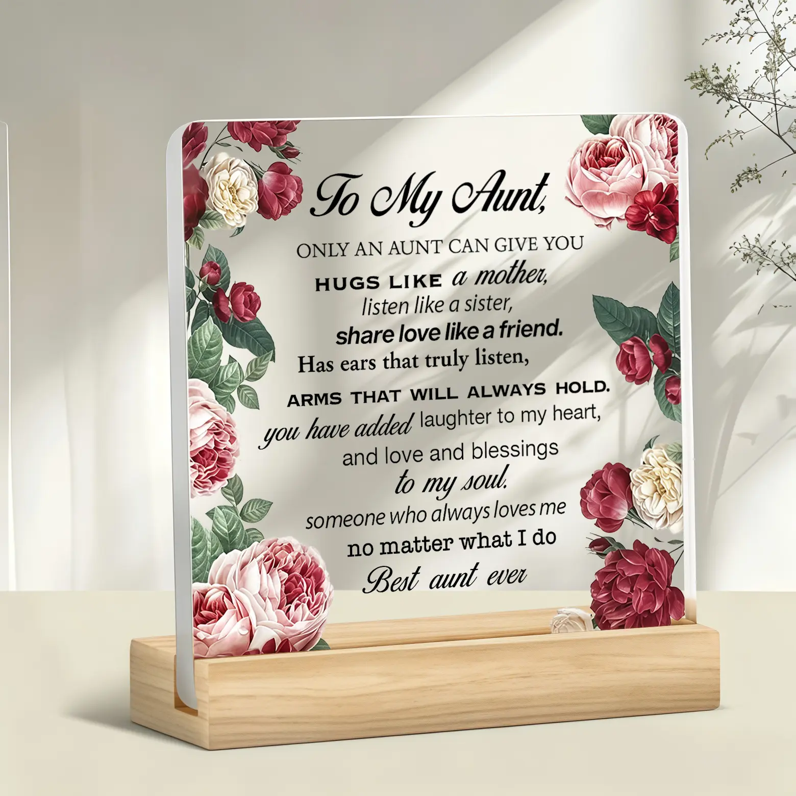 Floral Acrylic Desk Plaque with Wooden Stand, Christmas Thanksgiving Birthday Gift for Aunt, Vintage Rose Sentimental Thank You Aunt Keepsake Sign, Best Aunt Ever Inspirational Desktop Decor Gift