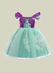 Elegant Floral & Shell Embroidery Mermaid Dress Up Costume for Girls, Contrast Mesh Sequins Zipper Back Satin Dress, Girls Cosplay Costume for Party