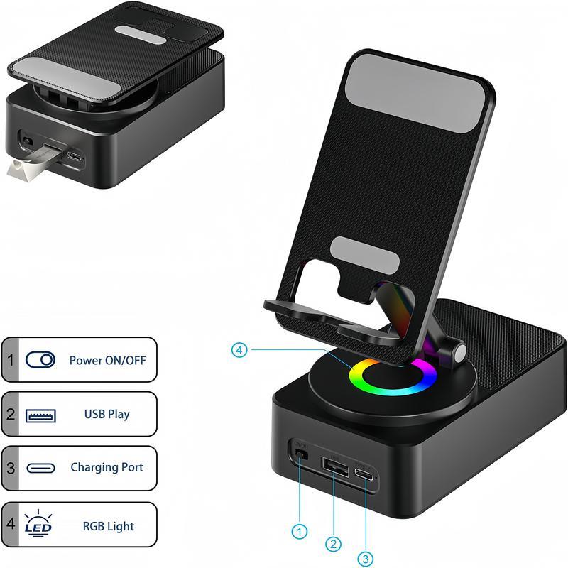 Wireless Audio Bluetooth Speaker 5in1 Phone Holder Emergency Rechargeable withColorful Ambient Light 300° Foldable for Tablet iPhone Android, Gifts for Men Women ，Black