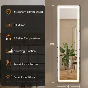JHK 16 x 60 In Arched/Rectangular LED Full Length Mirror with Aluminum Alloy Stand, 3 Colors Temperature, Dimming Function, Smart Touch Button, Burst-Proof Glass