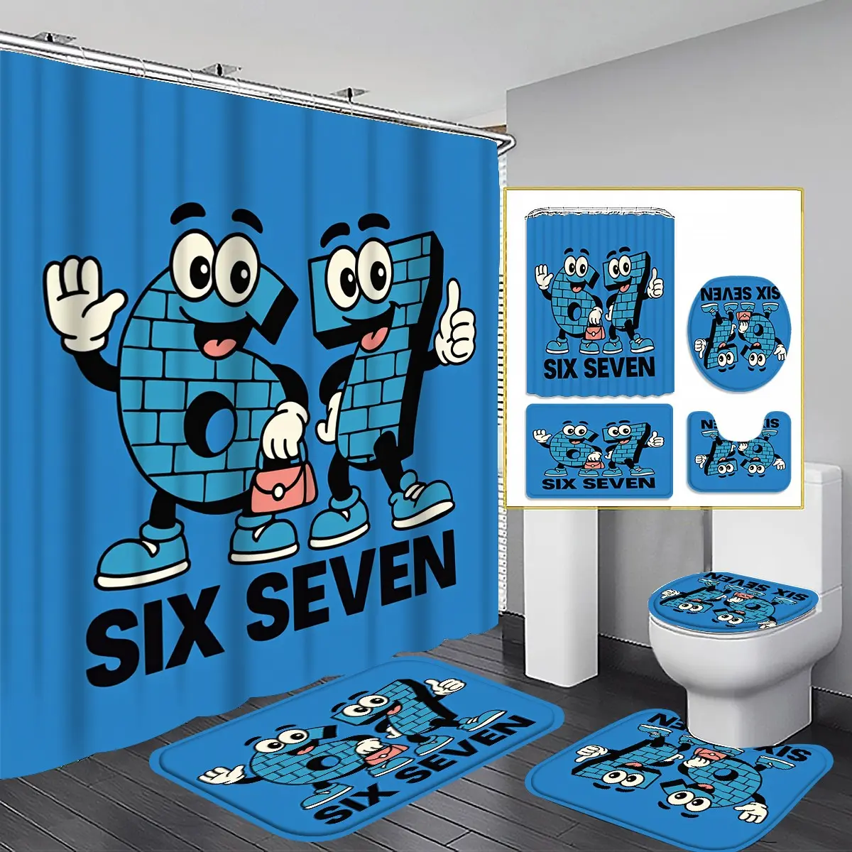 1/4PCS Six Seven Characters Shower Curtain set, Fun Cartoon Bathroom Decor, Accessories with Bath Mat, U-shaped Mat, Toilet Lid Cover, 12 Hooks 180x180cm Curtain, Comic Style, Home Decor, Bathroom Decoration Accessories