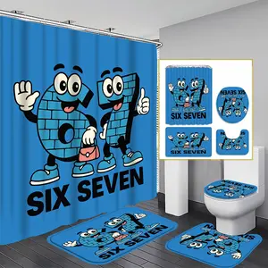 1/3/4PCS Six Seven Characters Shower Curtain set, Fun Cartoon Bathroom Decor, Accessories with Bath Mat, U-shaped Mat, Toilet Lid Cover, 12 Hooks 180x180cm Curtain, Comic Style, Home Decor, Bathroom Decoration Accessories