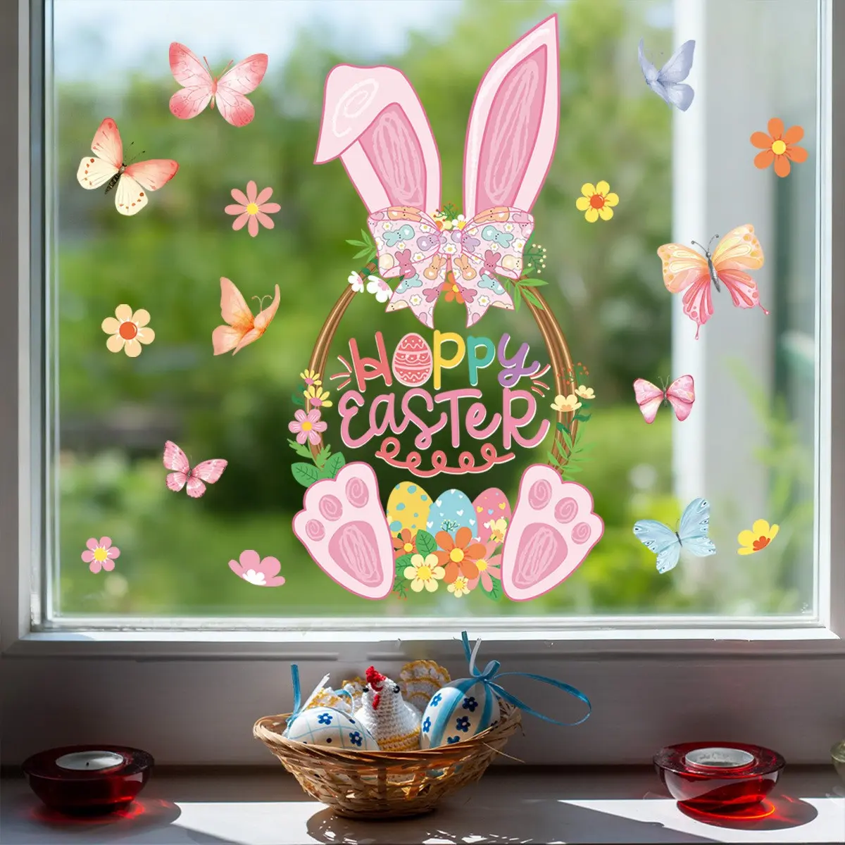 Easter Window Stickers Set with Colorful Eggs, Flower Baskets, Rabbits, Chicks & Flowers, Perfect for Holiday Decorations