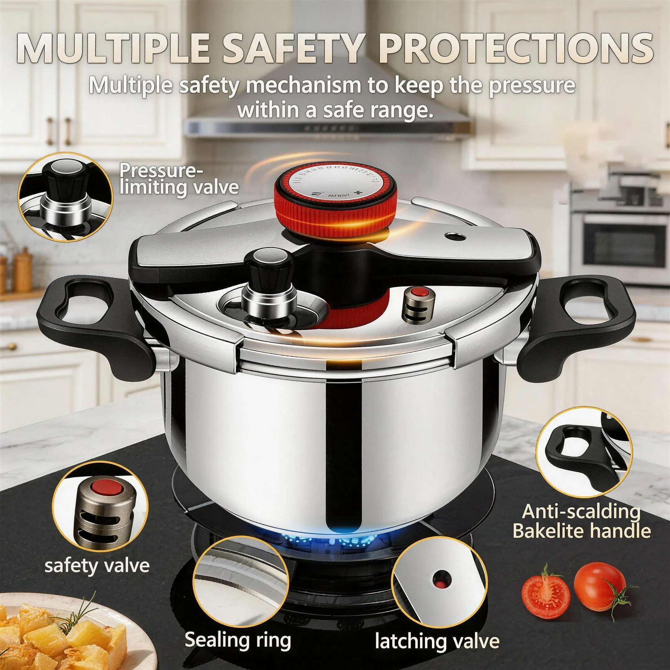 8QT Food-Grade Non-Toxic Rust-Resistant Stainless Steel Pressure Cooker, 1-Hand Lockable Lid, Locks in Food’s Natural Flavor, Rapid Cooking, Induction Cooktop Compatible