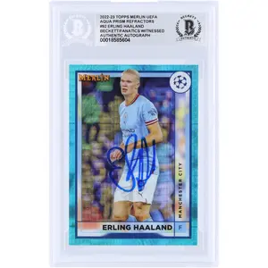 Erling Haaland Manchester City Autographed 2022-23 Topps Merlin UEFA Aqua Prizm Refractor #92 Beckett Fanatics Witnessed Authenticated Card - Fanatics Authentic Certified