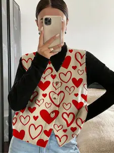 Heart Colorblock Button Front Sweater Vest, Casual Sleeveless Knit Cardigan for Spring Summer Fall, Comfortable Warm Women's Clothing