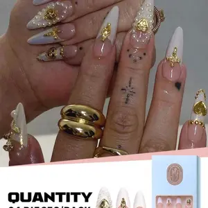 24 Pieces Classic White French Tip False Nails with 3-D Gems - Medium Length - Nail Art nail art 3d charms almond press Press-On