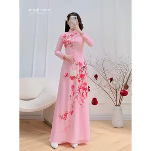 Pink Cherry Blossom Ao Dai No Pants | Vietnamese Traditional Dress N23