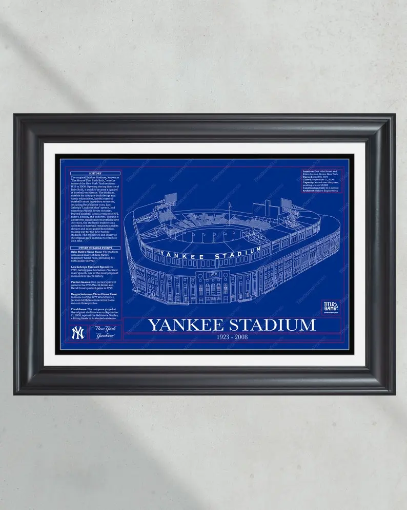 New York Yankees Original Yankee Stadium 1923-2008 Blueprint - Classic Baseball Wall Art